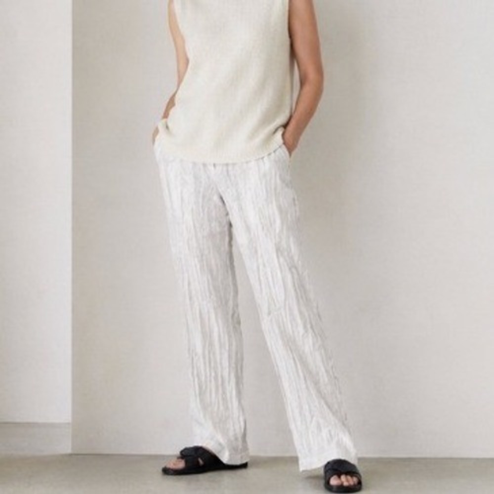 Eileen Fisher Linen Straight Leg Pants Beige Italian Medium Lagenlook Boho Beach
